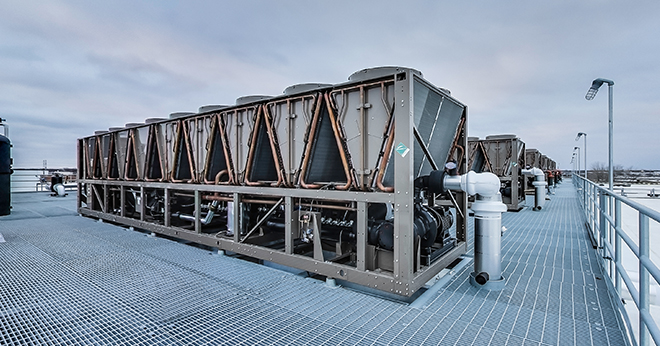 Air Chillers on the roof of a sustainable data center building.